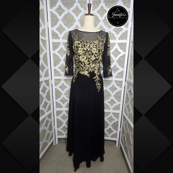 Betsy & Adam "Brooklyn" Black Chiffon Gold Embroidered 3/4 Sleeve Long Dress 8 - Picture 1 of 16